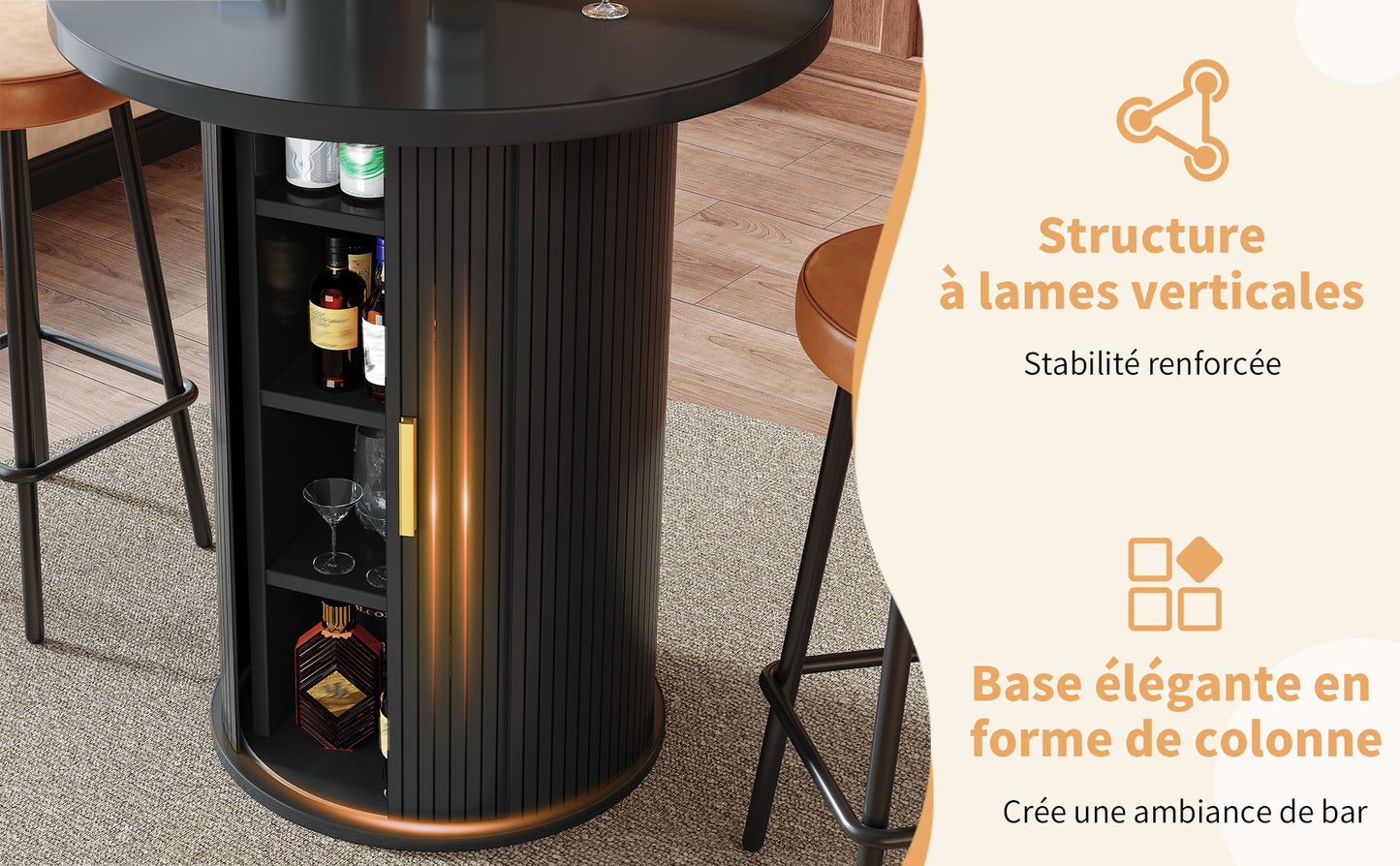 Bartisch-Set mit 2 Barhockern, Runder Stehtisch mit Stauraum & 2 ergonomischen Barhockern, MDF Holzoptik, für Bar & Wohnzimmer