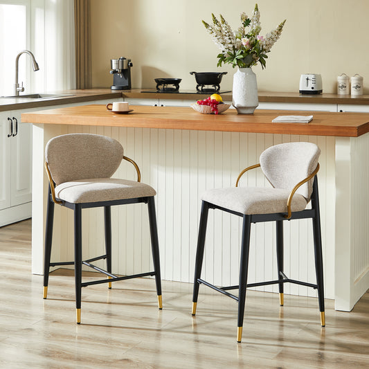 2er Set Barhocker in Hellbraun Chenille, Höhenverstellbar,Schwarz-Gold Kontrastfarbe Hohe Stühle mit Rückenlehne & Beinstütze, Geeignet für Kücheninsel & Bar