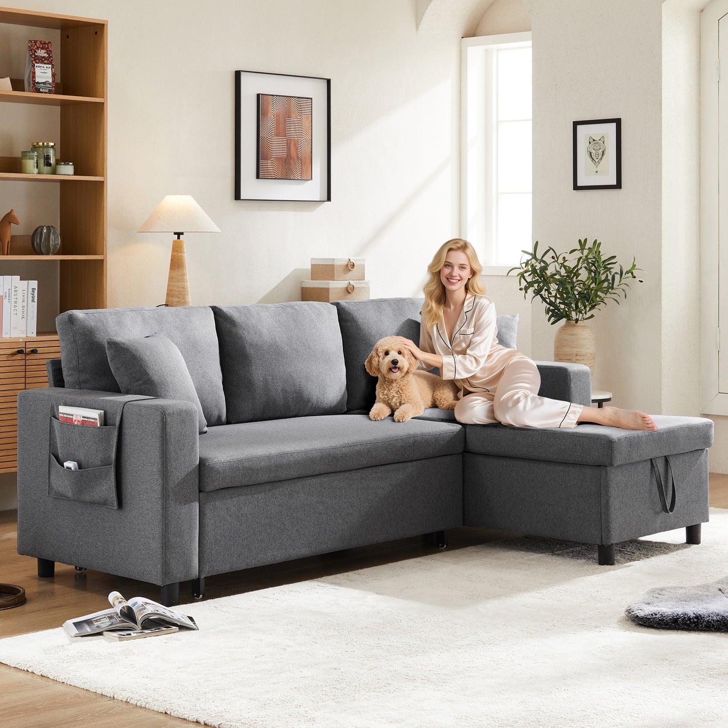 Gigab2b original image - Schlafsofa mit Schlaffunktion, L-förmiges Sofa, Sofa-Chaiselongue mit Stauraum, mit Taschenaufbewahrung, Wohnzimmer-Schlafsofa, links und rechts austauschbare Chaiselongue. [Old sku: N653P34596061D]