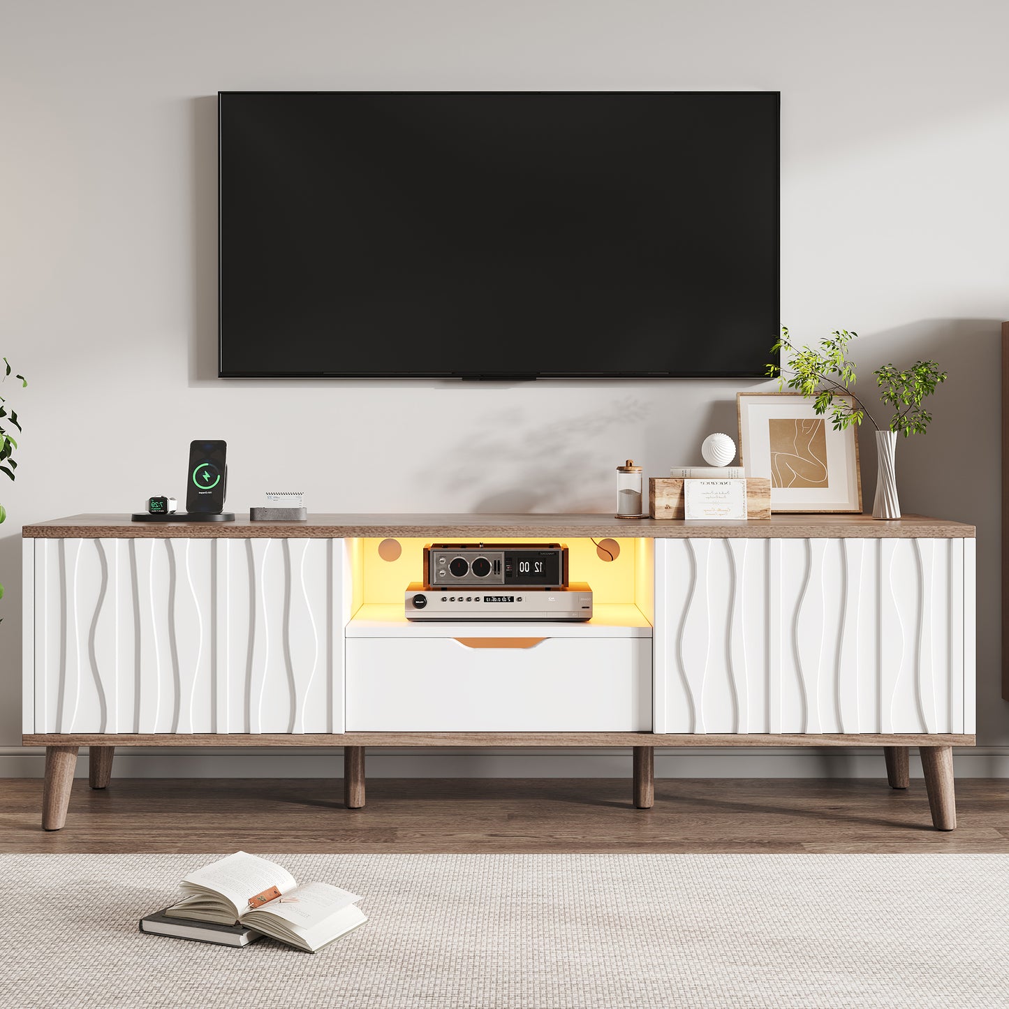 Gigab2b original image - LED-Fernsehschrank, Multimedia-TV-Konsole mit Stauraum, Moderner TV-Schrank mit Schiebetür für bis zu 70" TV, Geeignet für Wohnzimmer, Schlafzimmer und Entertainment-Bereich, Weiß, 160 x 40 x 52 cm
