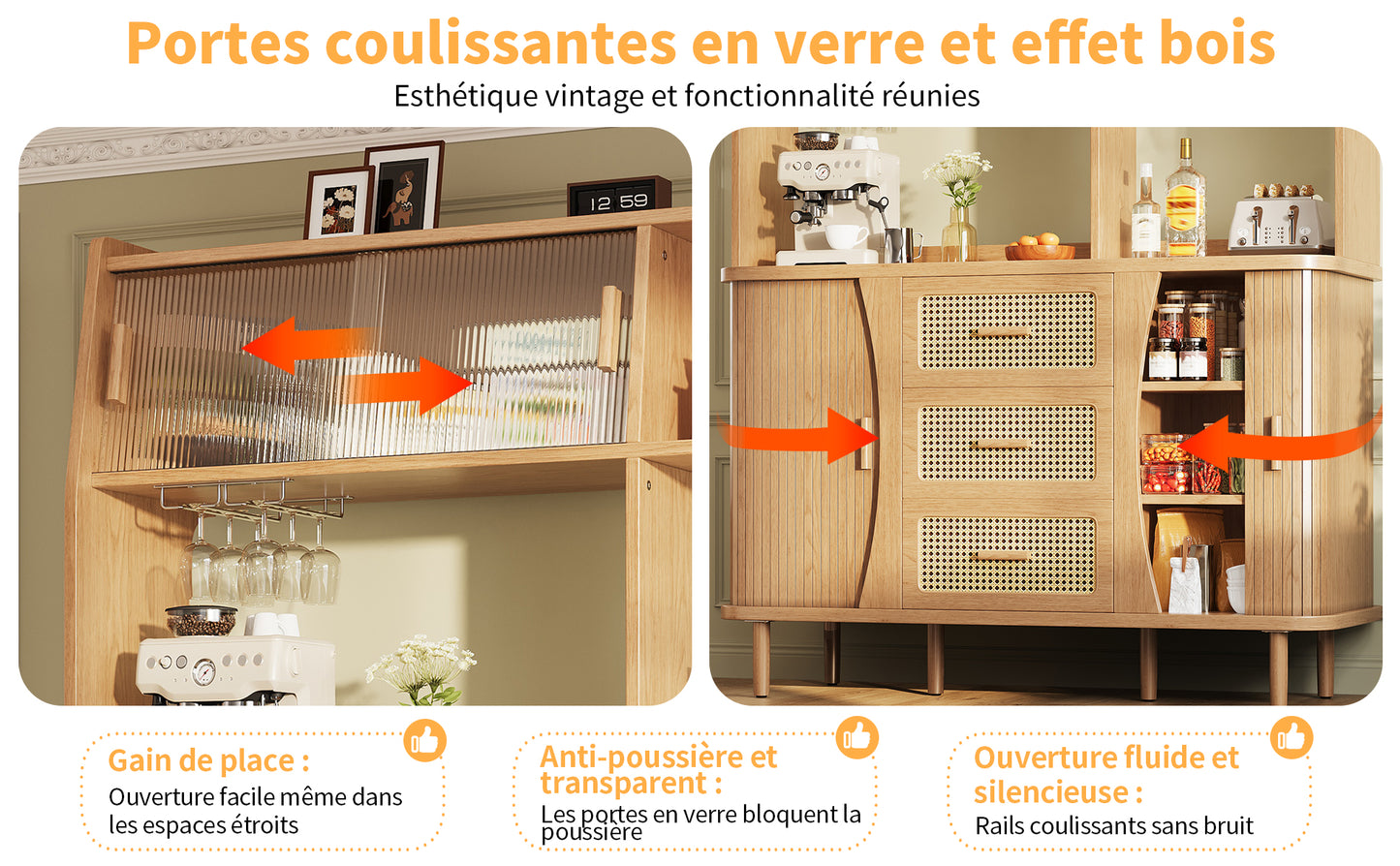 High-Quality Rattan Buffet Cabinet with Glass Doors and Storage