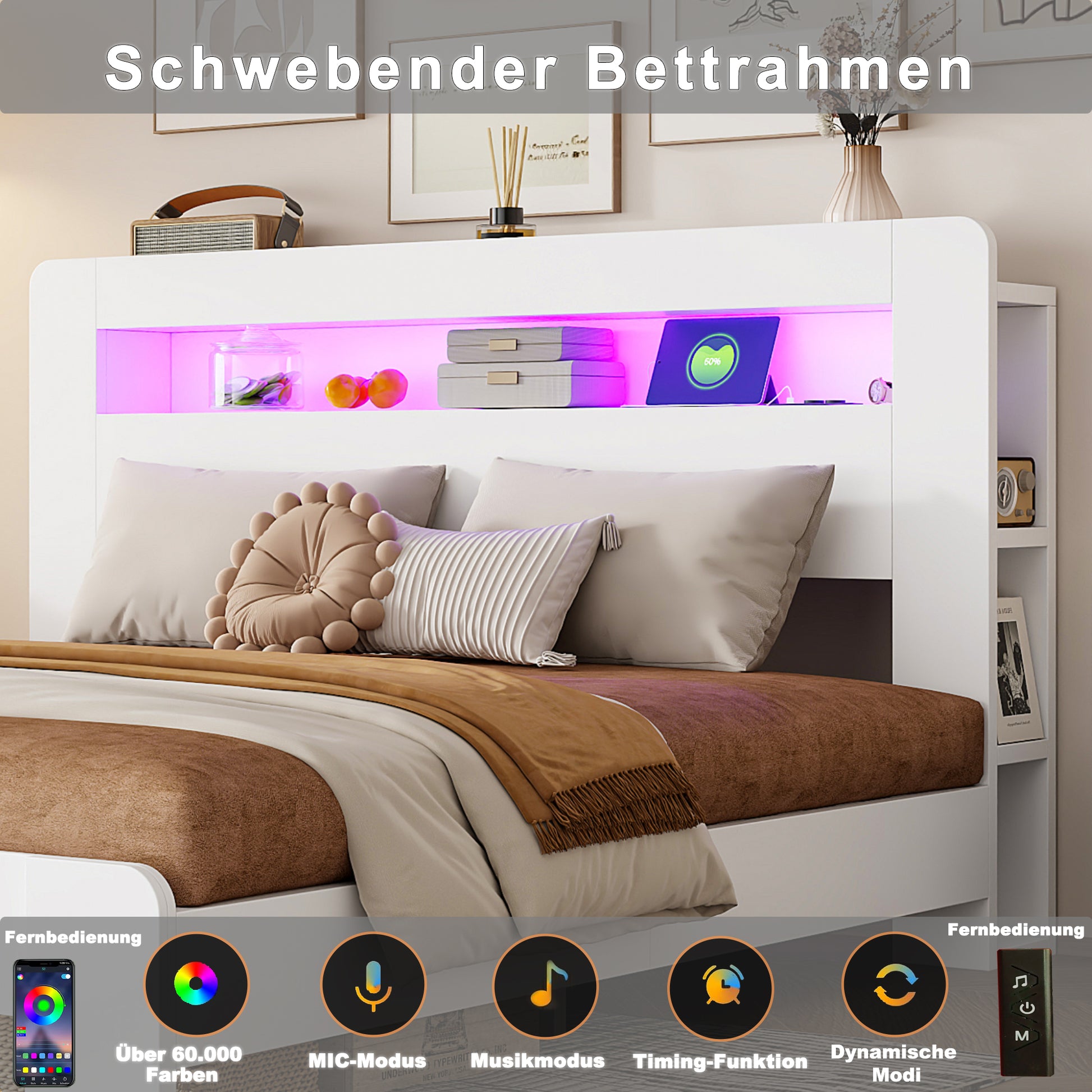 Bettgestell aus Holz mit Stauraum im Kopfteil, LED-Beleuchtung, integrierten Steckdosen, modernes Plattformbett in Weiß180 x 200 cm