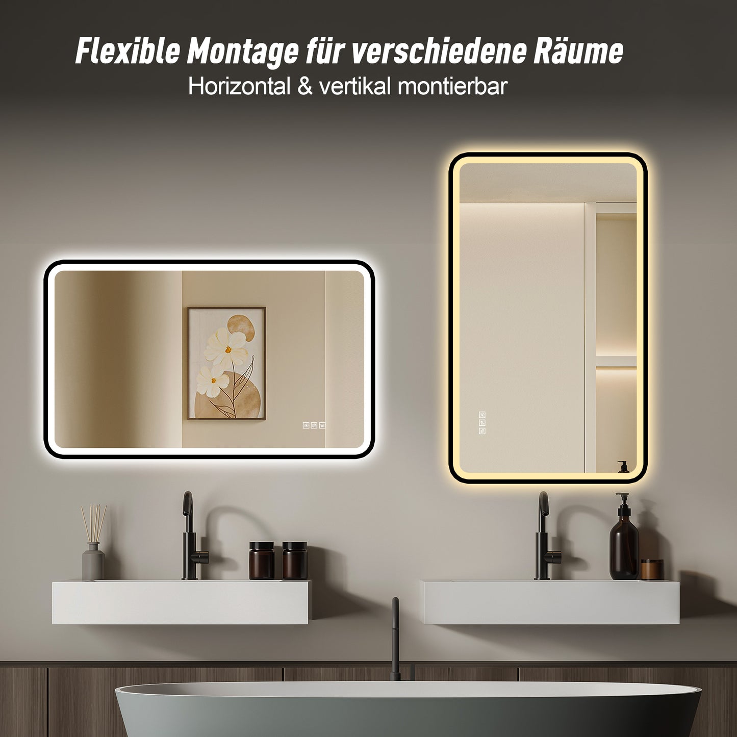 70×90cm LED Badezimmerspiegel mit schwarzem Aluminiumrahmen, Front- & Hintergrundbeleuchtung, Anti-Beschlag, 3 Lichtfarben, dimmbar, Memory-Funktion, horizontal & vertikal montierbar, IP44 wasserdich