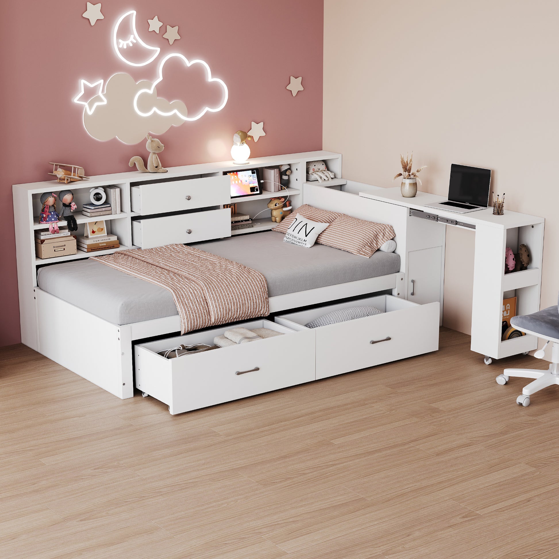 Gigab2b original image - Holzschlafsofa 90 x 200 cm, Multifunktionaler Stauraum, Verdeckte Staufächer und Regale, 2 große Schubladen, Multifunktionssteckdose, Ausziehbarer Schreibtisch, Einzelbett, Jugendbett, Holzbett, Weiß
