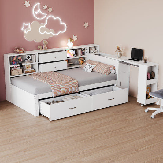 Gigab2b original image - Holzschlafsofa 90 x 200 cm, Multifunktionaler Stauraum, Verdeckte Staufächer und Regale, 2 große Schubladen, Multifunktionssteckdose, Ausziehbarer Schreibtisch, Einzelbett, Jugendbett, Holzbett, Weiß
