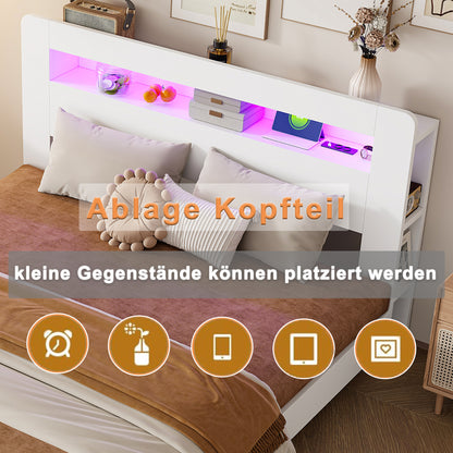 Bettgestell aus Holz mit Stauraum im Kopfteil, LED-Beleuchtung, integrierten Steckdosen, modernes Plattformbett in Weiß180 x 200 cm