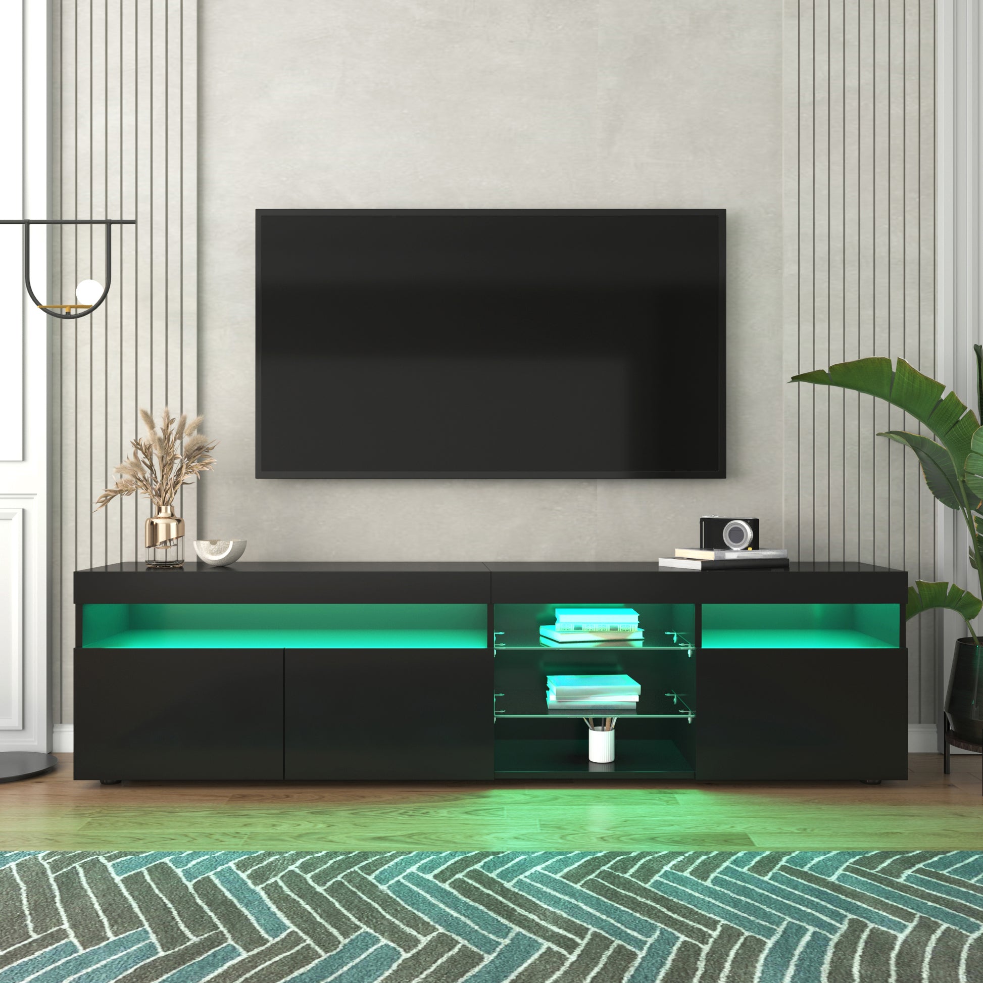 Gigab2b original image - Schwarz  moderner TV-Schrank, helles Panel, variable LED-Beleuchtung, Wohn- und Esszimmer 180cm