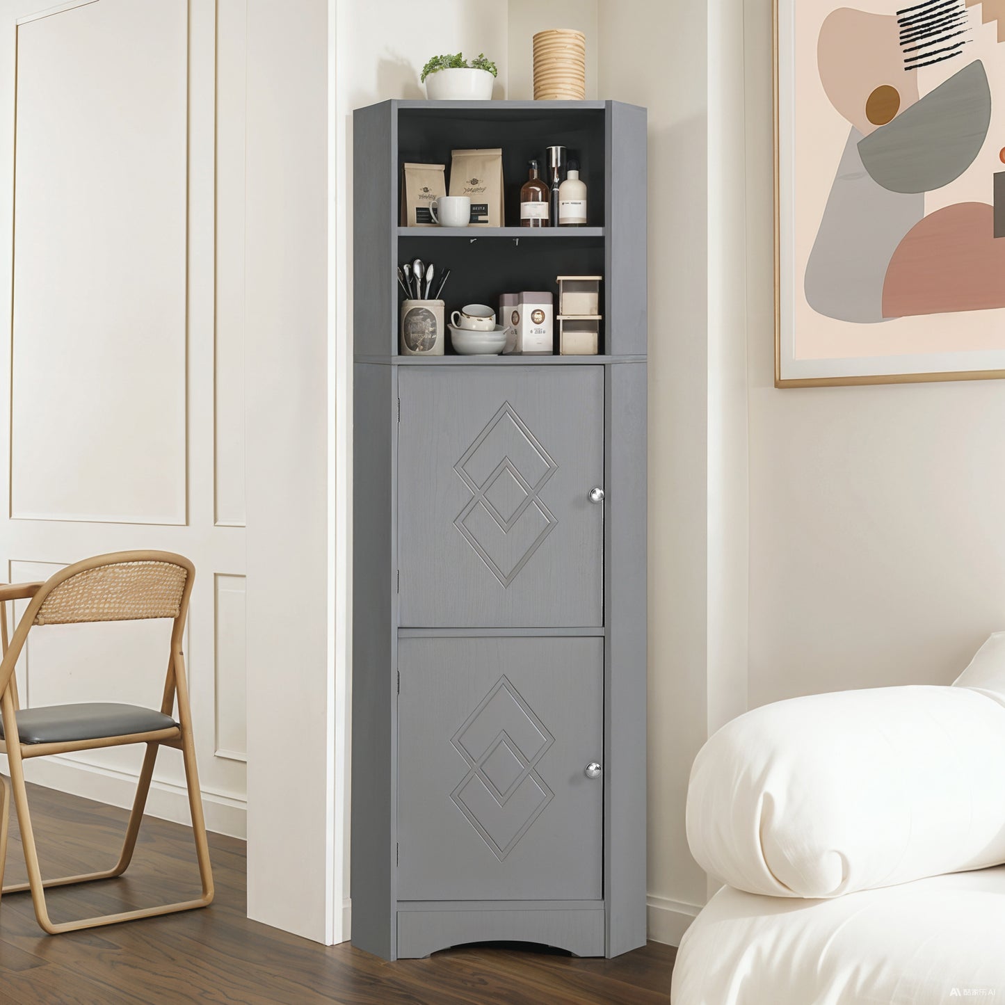 Badschrank, Badmöbel, Eckschrank mit zwei Ablagefächern, offenes Fach mit verstellbarem Einlegeboden, 36.5x 36.5 x 155 cm, hellgrau