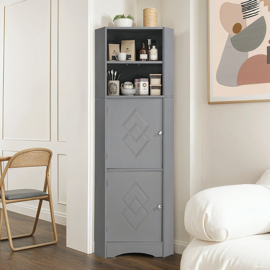 Badschrank, Badmöbel, Eckschrank mit zwei Ablagefächern, offenes Fach mit verstellbarem Einlegeboden, 36.5x 36.5 x 155 cm, hellgrau