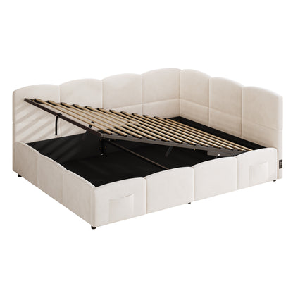 Polsterbett,Kinderbett, Daybett, Stauraumbett, Schlafsofa 140x190 cm, mit Lattenrost, USB-Ladegerät, Stautasche, Jugendbett und Erwachsenen-Kinderbett,Samt, beige (ohne Matratze)