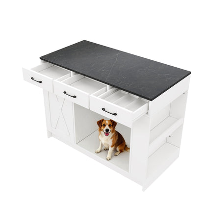 Kücheninsel, Schrank mit 3 Schubladen, 1 Gewürzablage, verstellbare Regalplatte, Doppelablage (ohne Hundefutterteller), geräumiger Haustieraufbewahrungsbereich (ohne Hundekissen), 120*60*90 cm, weiß