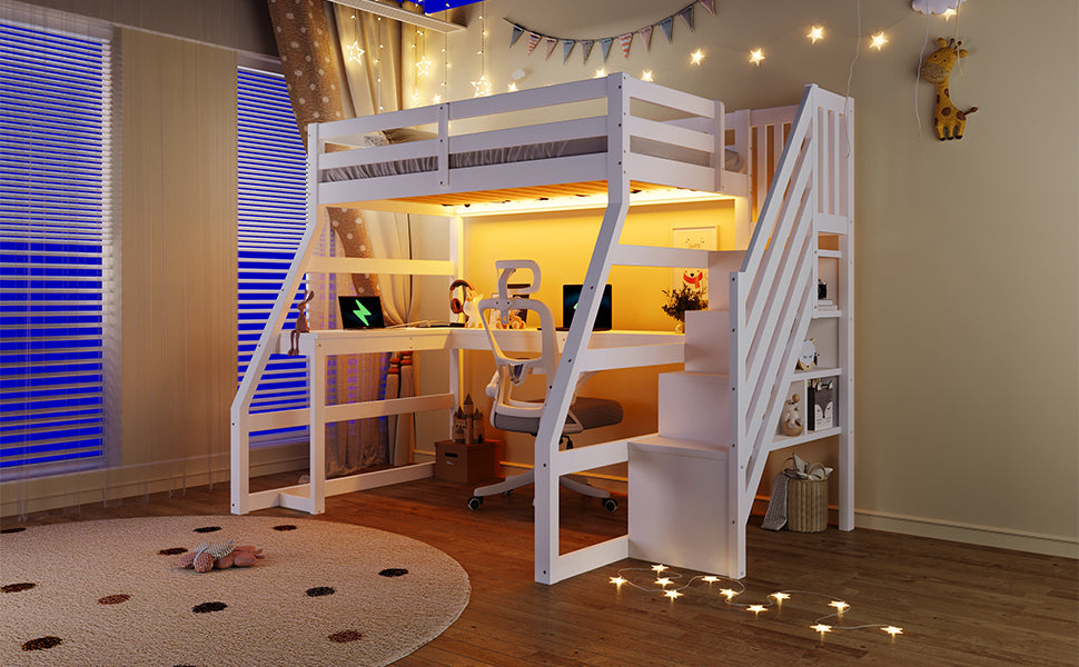 90x200 großes Hochbett aus Holz mit Schreibtisch, LED-Beleuchtung, USB-Anschluss und Treppe mit Stauraum, Weiß