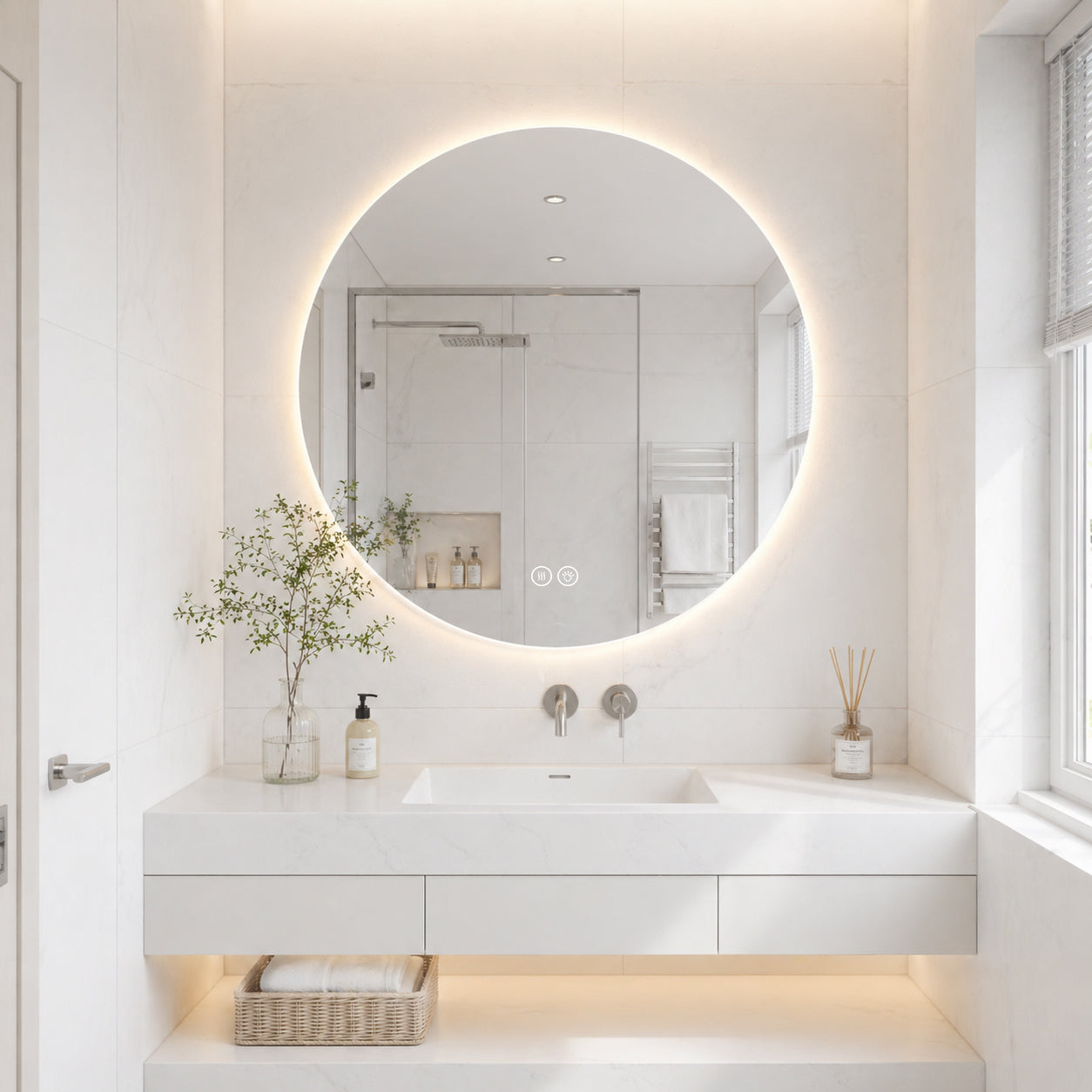 Runder LED Badezimmerspiegel 80 cm, Hinterleuchtet, Anti-Beschlag, 3 Lichtfarben, Stufenlos Dimmbar, Memoryfunktion, Touchschalter, 5 mm Kupferfreier HD-Silberspiegel