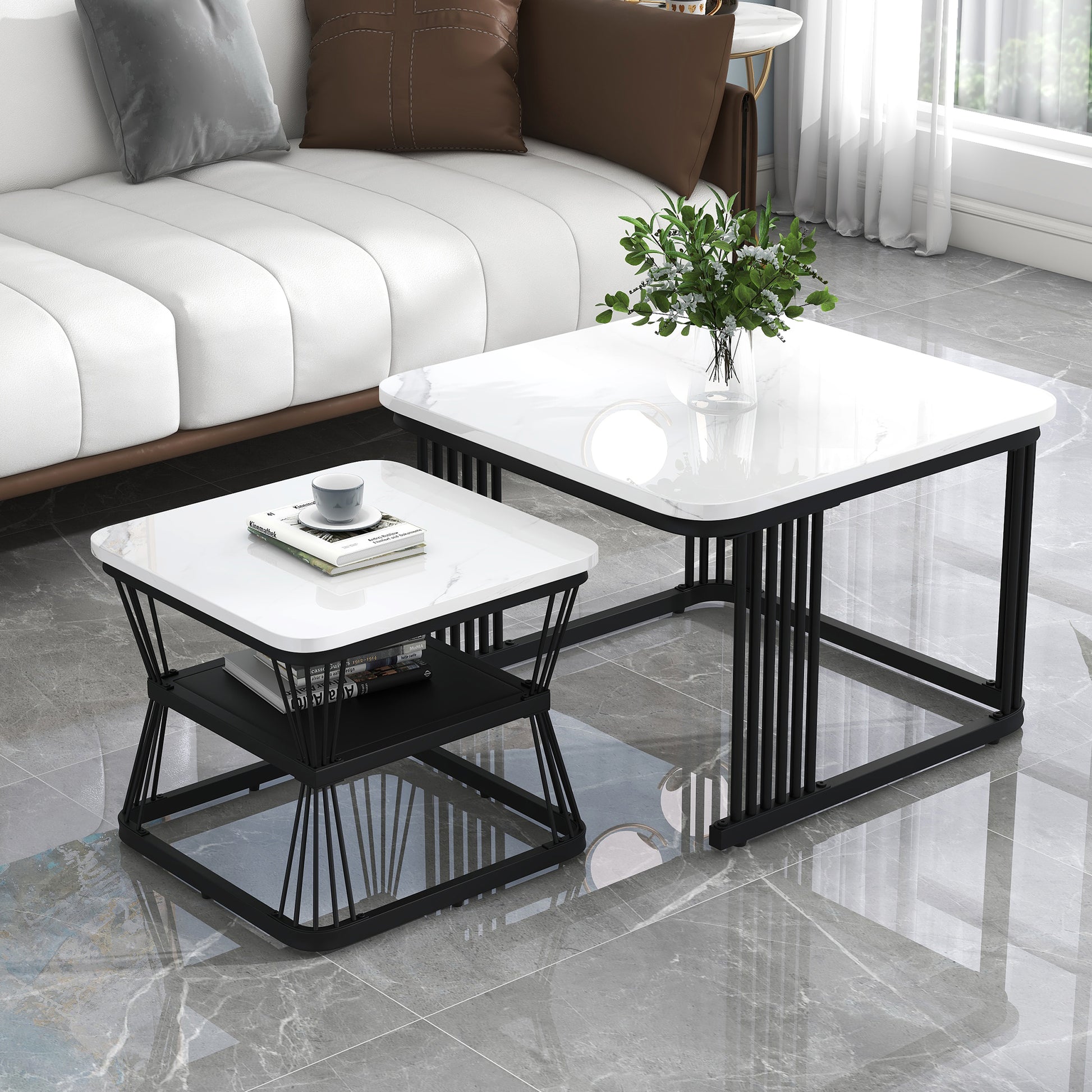 Gigab2b original image - N625P173136Z)2er-Set moderne Beistelltische, MDF in Marmoroptik, Stahlrohr weiß hochglänzend schwarz, 2 Tische mit den Maßen 65x65x45 cm und 45x45x39,5 cm