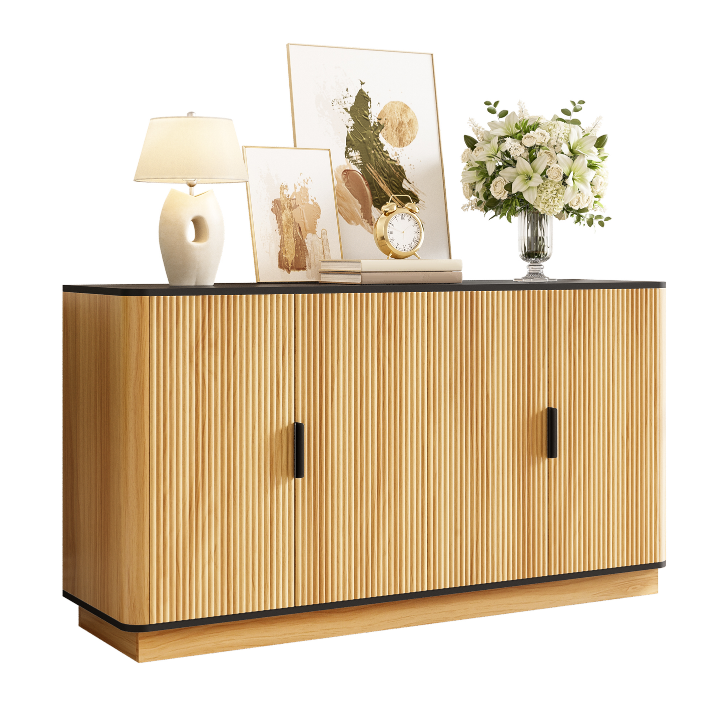 Gigab2b original image - Sideboard 4-türig, vertikale Riffelung, Holzoptik, Schrank für Wohnzimmer, Flur, Esszimmer, Stauraum