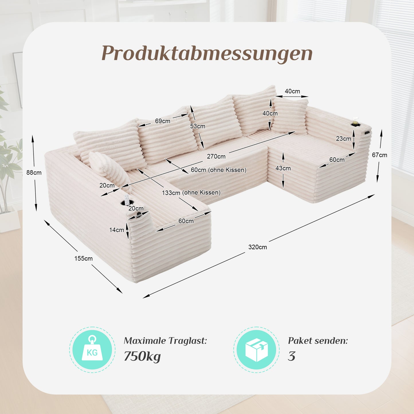 U-förmiges Cord-Sofa mit Getränkehaltern und Seitentaschen, Federkernpolsterung, 4 Rückenkissen und 2 Zierkissen. Ergonomisch geformt für angenehmes langes Sitzen – ideal für Wohnung und Wohnzimmer.