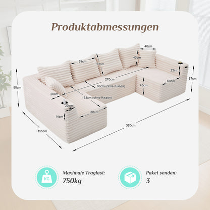 U-förmiges Cord-Sofa mit Getränkehaltern und Seitentaschen, Federkernpolsterung, 4 Rückenkissen und 2 Zierkissen. Ergonomisch geformt für angenehmes langes Sitzen – ideal für Wohnung und Wohnzimmer.