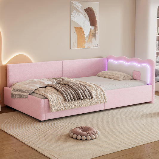 Daybett, Tagesbett, Schlafsofa, 90*200cm, LED-Umgebungslicht, Bett mit Lattenrost (ohne Matratze), Vliesimitat, Rosa