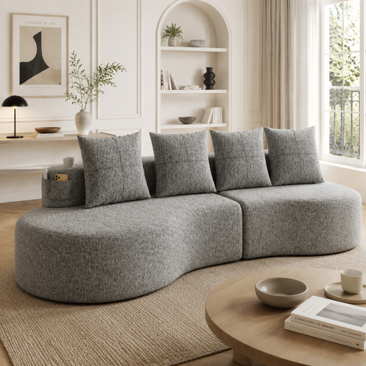 Gigab2b original image - Leinenstoff-Sofa mit 4 Kissen, Hochdichtschaumfüllung + Federstücke, Tassenhalter & Seitentasche – Einzigartiges Design, Bequem & Atmungsaktiv,Ideal fürs Wohnzimmer, Gästezimmer oder Balkon.Hellgrau