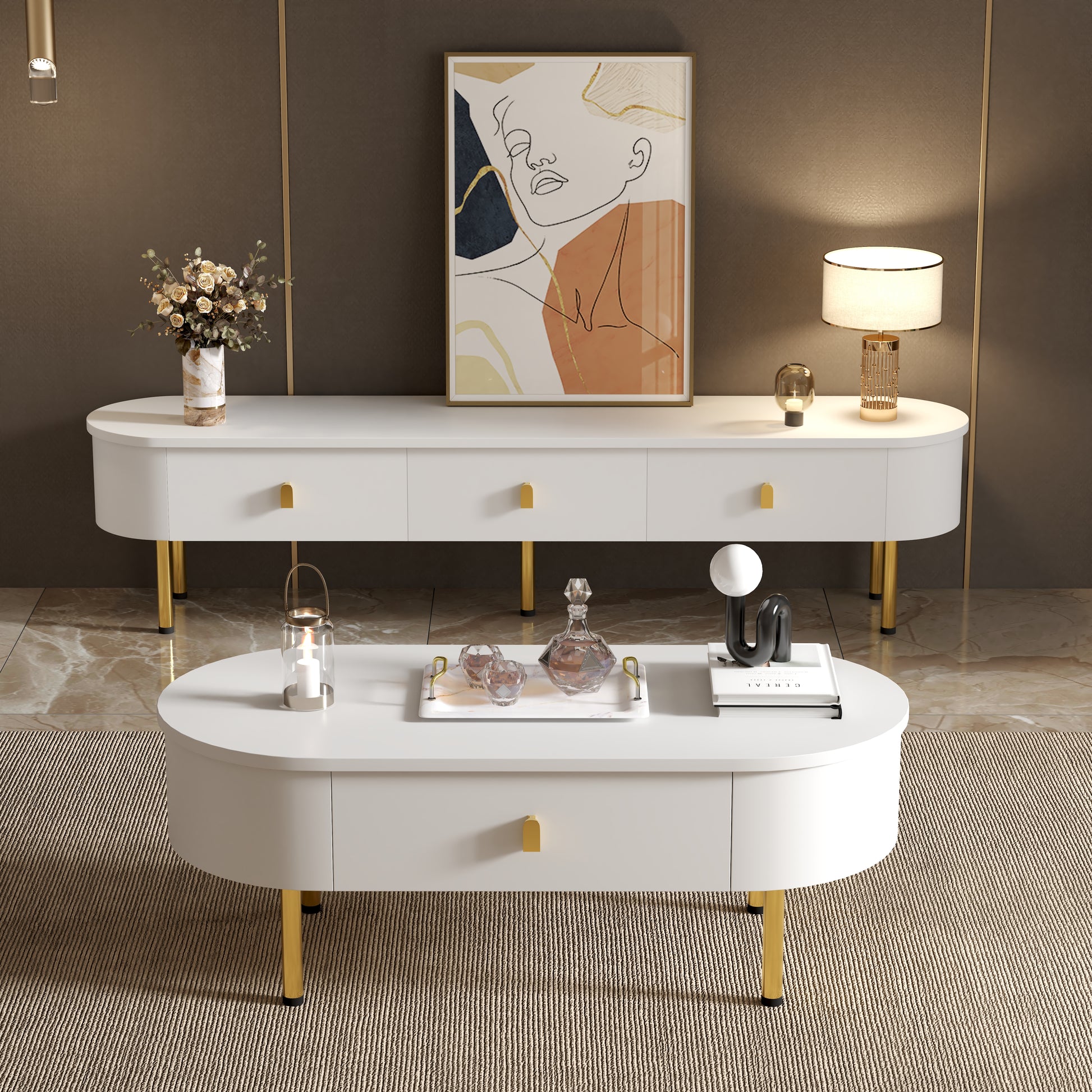 Gigab2b original image - Leichte Luxus-TV-Schrank-Couchtisch-Kombination, Wohnzimmer-Kombination, mit Schubladen, abgerundete Ecken