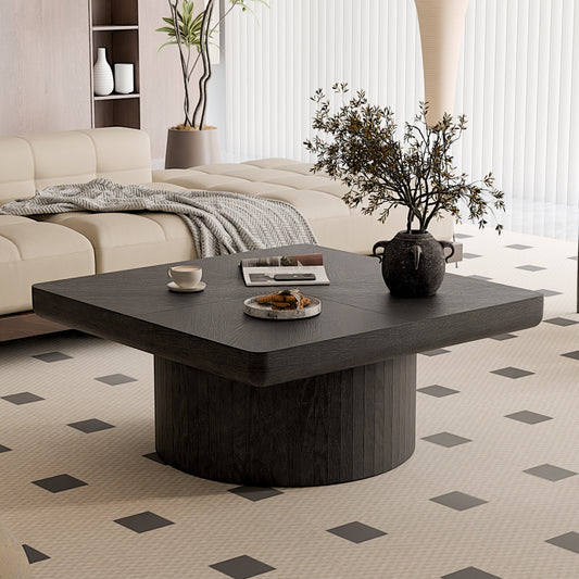 78cm Square Coffee Table for Living Room, Modern Wood Veneer Top with Parquet Pattern & Cylindrical Base, Thickened Tabletop, Easy Assembly, Black
