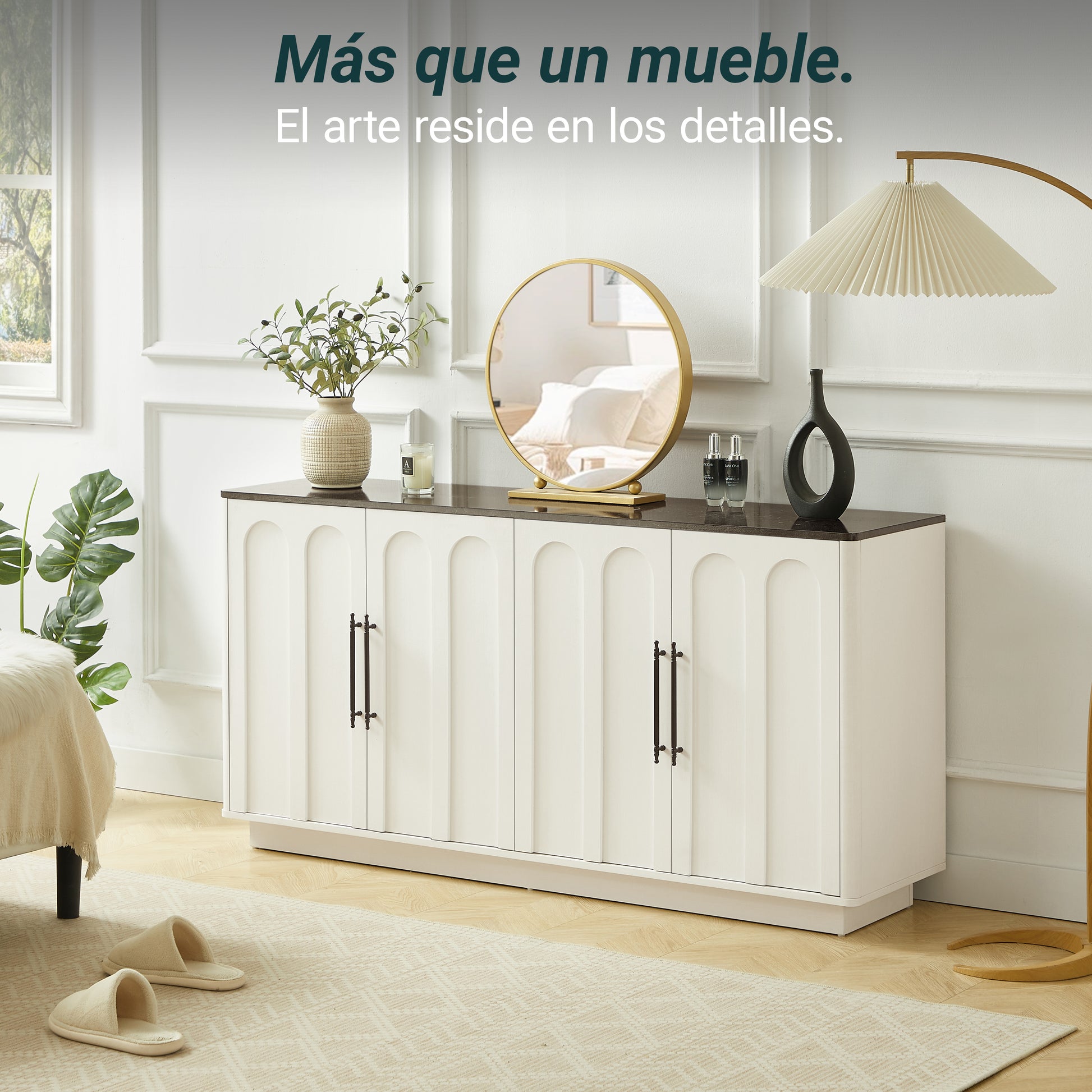 Bogenfront Sideboard mit 4 Türen, Soft-Close Scharnieren & Kippsicherung, 160cm Breiter Aufbewahrungsschrank für Wohnzimmer & Esszimmer, Weiß und schwarz