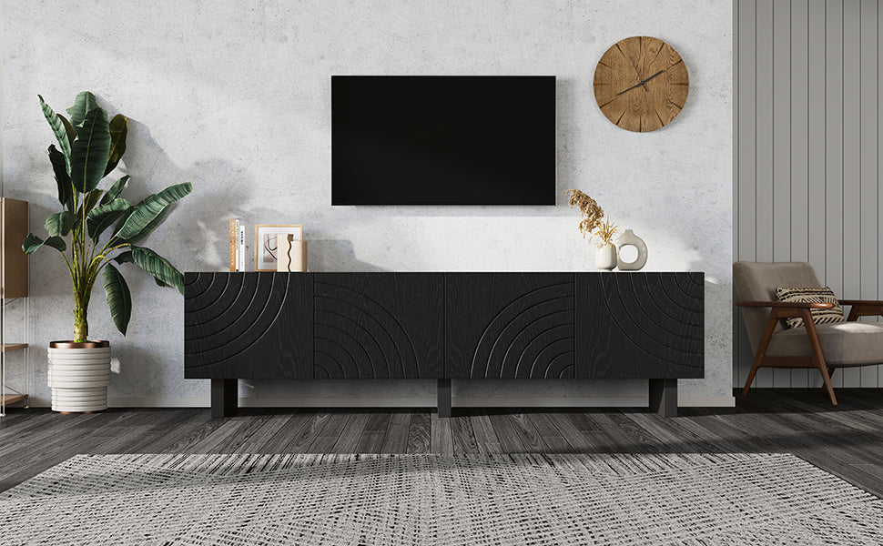 180 × 40 × 55 cm Schwarzes TV-Bank aus Spanplatte, Modernes Lowboard mit Struktur für Wohnzimmer,Fernsehschrank mit 4 Türen, TV-Halterung, Aufbewahrungsschrank.Geeignet für 75-Zoll-Fernseher