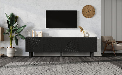180 × 40 × 55 cm Schwarzes TV-Bank aus Spanplatte, Modernes Lowboard mit Struktur für Wohnzimmer,Fernsehschrank mit 4 Türen, TV-Halterung, Aufbewahrungsschrank.Geeignet für 75-Zoll-Fernseher