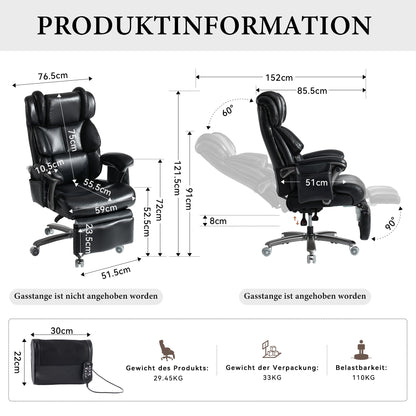 002-XXL Ergonomischer Bürostuhl, komfortabler Chefsessel mit Massage- und Heizfunktion, PU-Leder, Fußstütze, drehbar, verstellbare Rückenlehne, bis 150 kg, für Büro und Home Office (Schwarz)