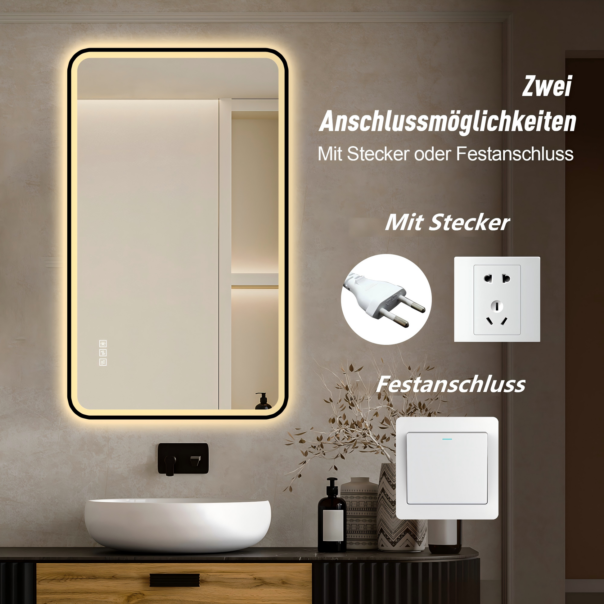 70×90cm LED Badezimmerspiegel mit schwarzem Aluminiumrahmen, Front- & Hintergrundbeleuchtung, Anti-Beschlag, 3 Lichtfarben, dimmbar, Memory-Funktion, horizontal & vertikal montierbar, IP44 wasserdich