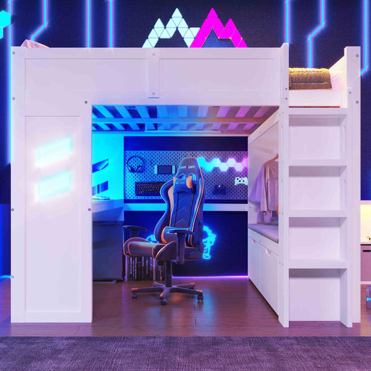 Gigab2b original image - Hochbett, 140x200cmGaming, Bett mit Schreibtisch, Mit LED-Leuchten, 1 USB-Anschlüssen, 1 Typ-C ausgestattet, Leiter, Schreibtisch,Schublade, Wäscheständer, Ohne Matratze, Weiß