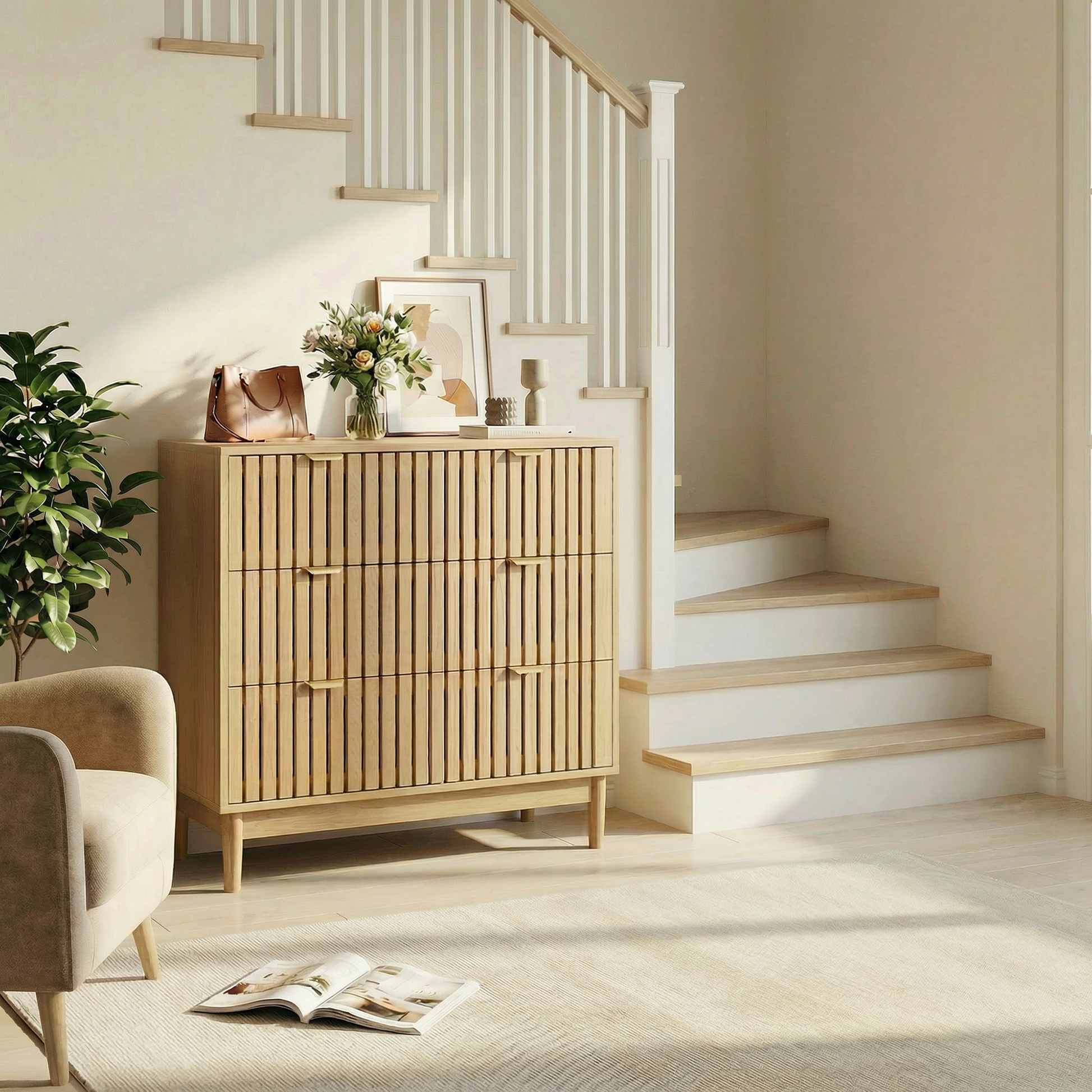 Gigab2b original image - Moderne Kommode im mittelalterlichen Landhausstil mit drei Schubladen, Schminktisch-Aufbewahrungsschrank, Holzschrank, geeignet für Wohnzimmer, Schlafzimmer, Flur, Eichenfarbe.