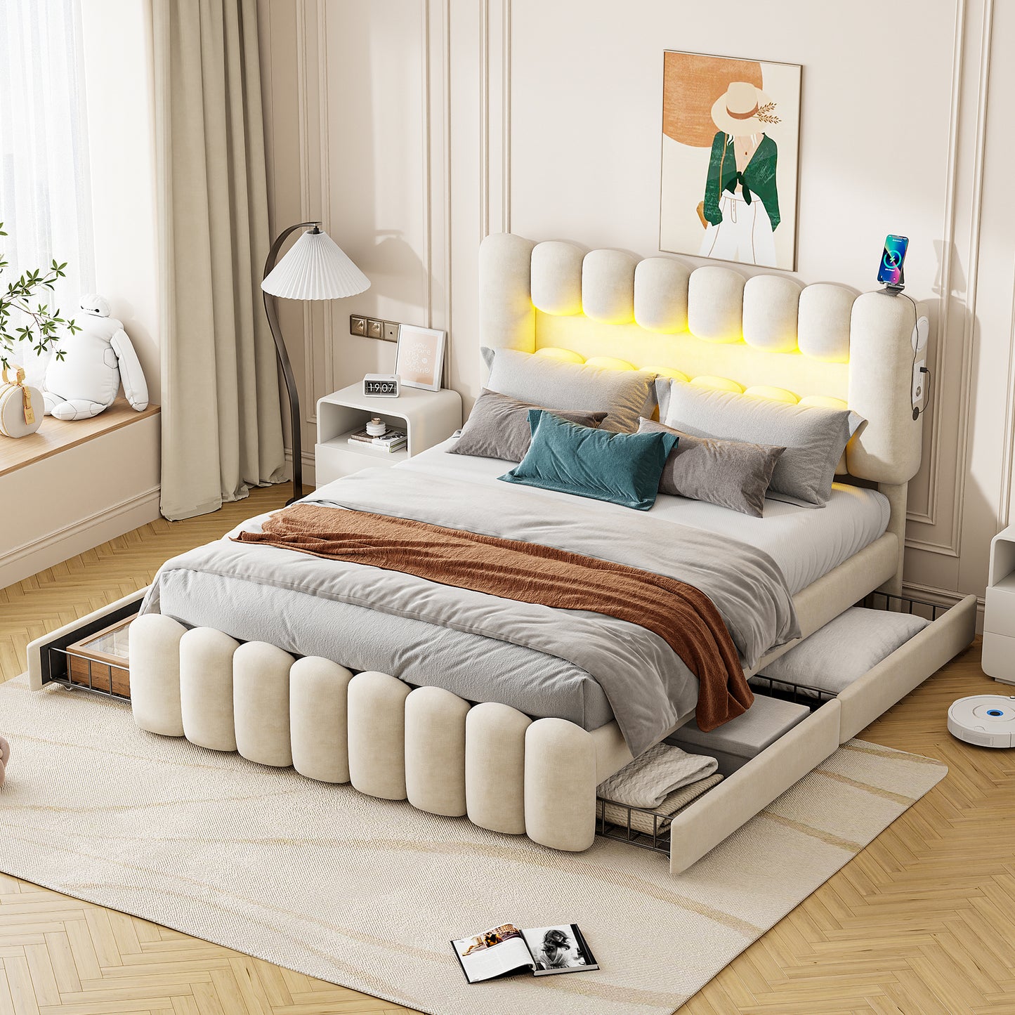 Gigab2b original image - Polsterbett, 160 x 200cm, Ohne Matratze, Polsterbett mit 4 Schubladen, Polsterbet Bett mit LED-Lichtleiste mit USB und Stereoanlage, Samt, Beige