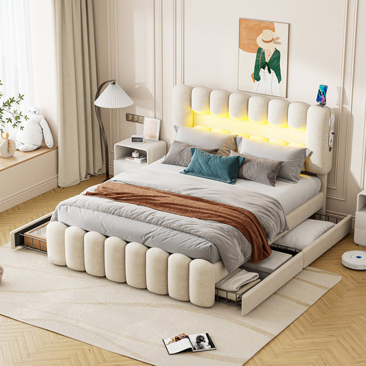 Gigab2b original image - Polsterbett, 160 x 200cm, Ohne Matratze, Polsterbett mit 4 Schubladen, Polsterbet Bett mit LED-Lichtleiste mit USB und Stereoanlage, Samt, Beige