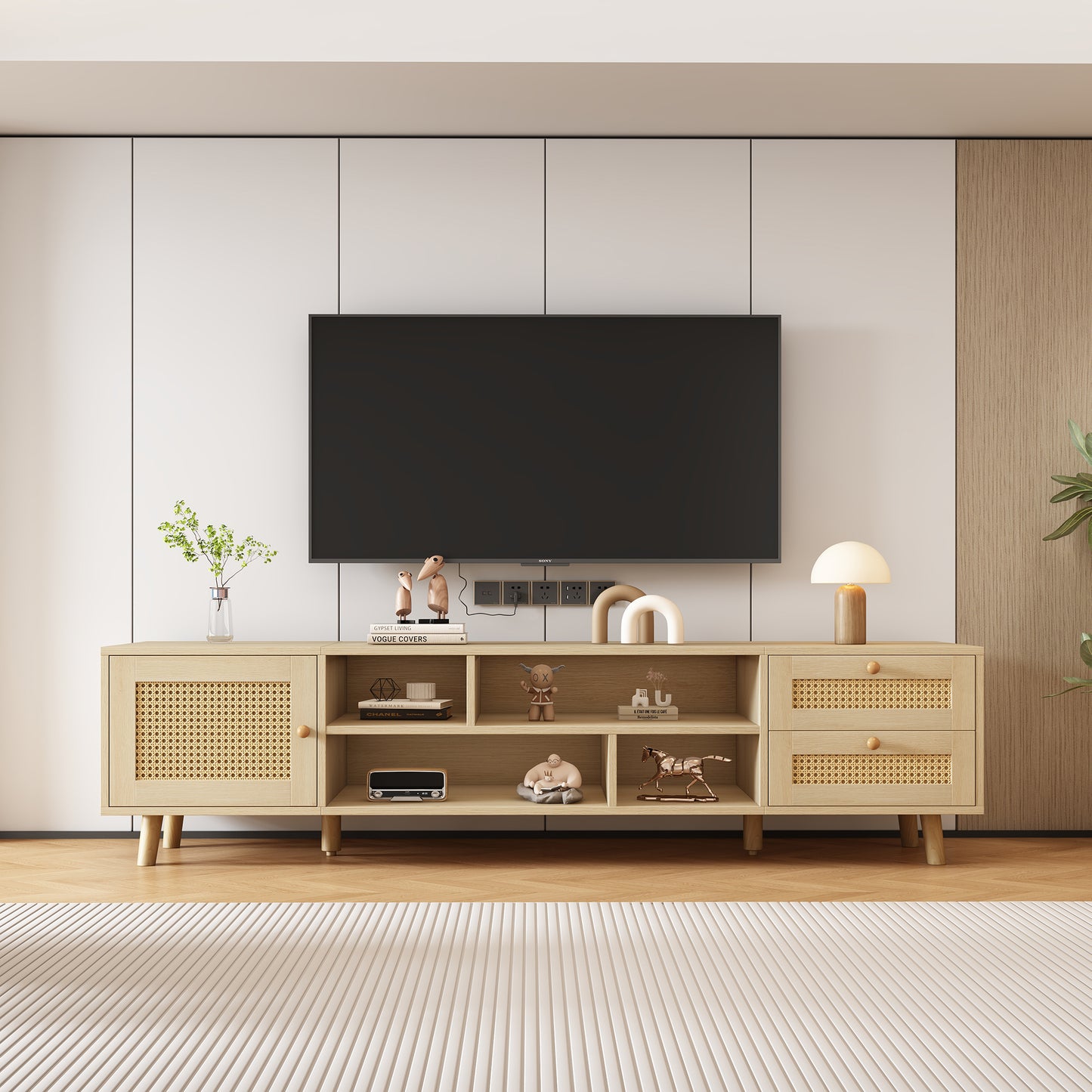 Gigab2b original image - Premium 160cm Holzfarbenes Rattan-TV-Schrank für 70-Zoll-Fernseher - Kabelmanagement, 2 Schubladen, 1 Tür,TV-Schrank, Unterschrank, Unterschrank für Wohnzimmer, TV-lowboards