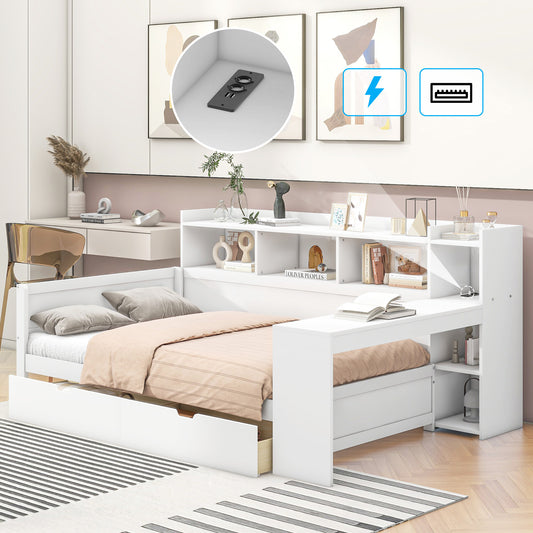 Gigab2b original image - Schlafsofa, Daybett, Tagesbett, 90 x 200 cm, Nachttischablage und Untertischablage, Bett mit Steckdose und USB-Anschluss, 2 Schubladen, Schreibtisch, ohne Matratze, Spanplatte, Weiß