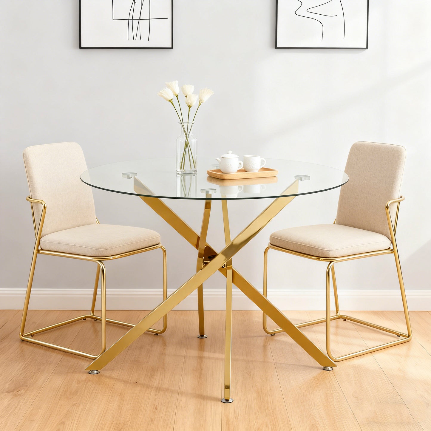 Gigab2b original image - Runder Esstisch mit Platte aus gehärtetem Glas und goldfarbenen Beinen, Couchtisch, moderner minimalistischer Esstisch, 80 × 80 × 76 cm