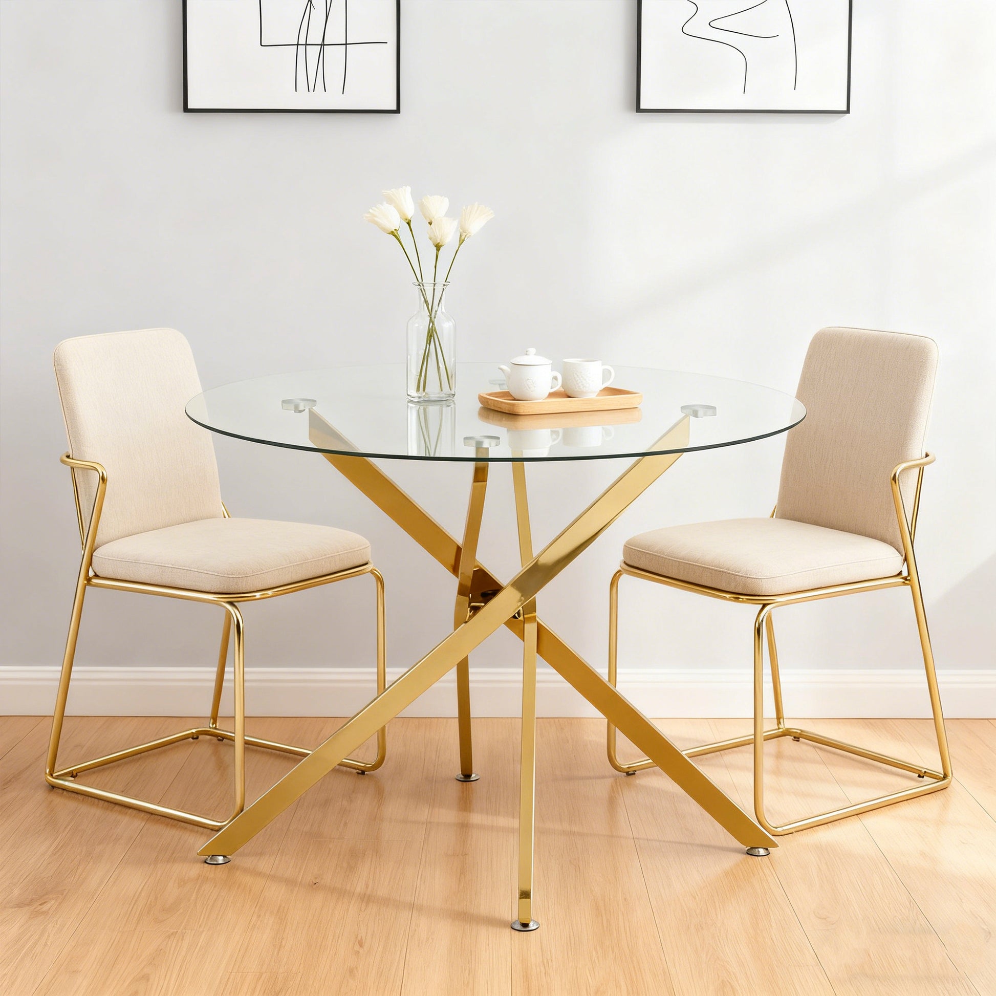 Gigab2b original image - Runder Esstisch mit Platte aus gehärtetem Glas und goldfarbenen Beinen, Couchtisch, moderner minimalistischer Esstisch, 80 × 80 × 76 cm