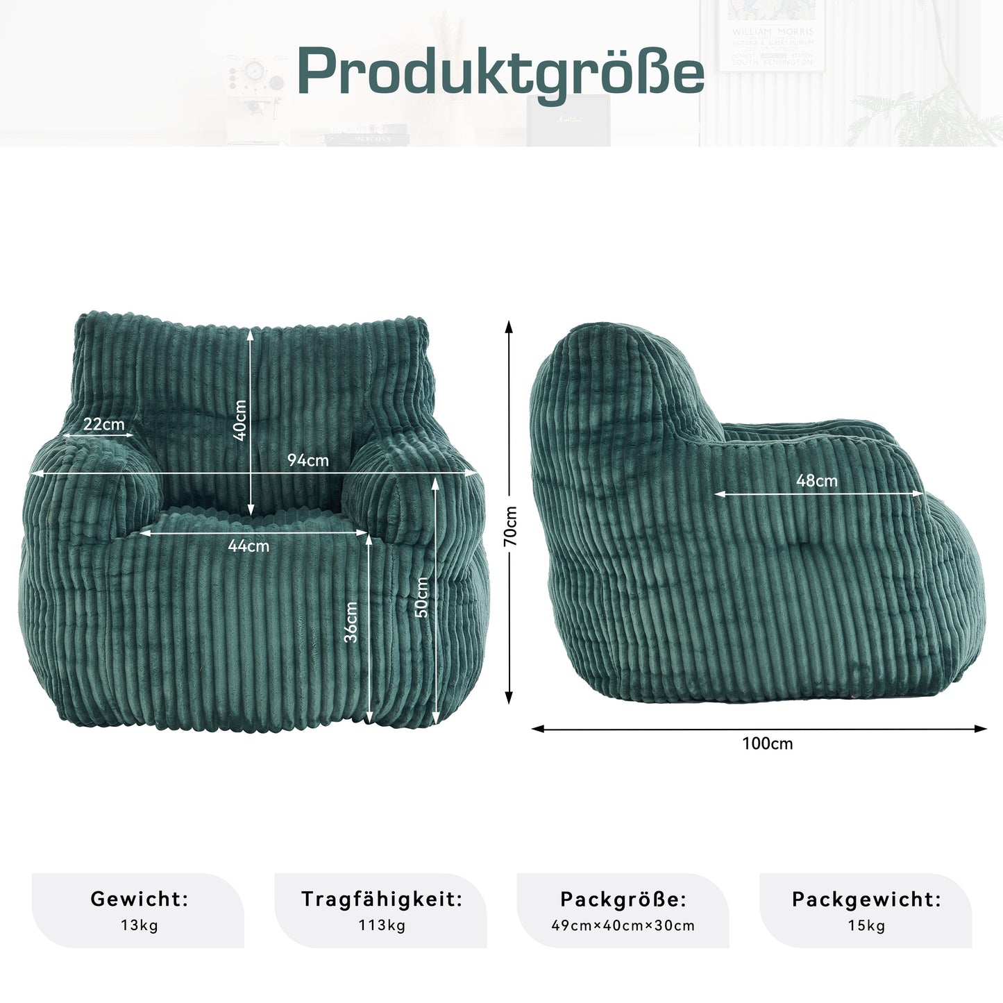 010-Soft gepolsterter Schaumstoff-Sitzsack mit Cord-Bezug, Grün