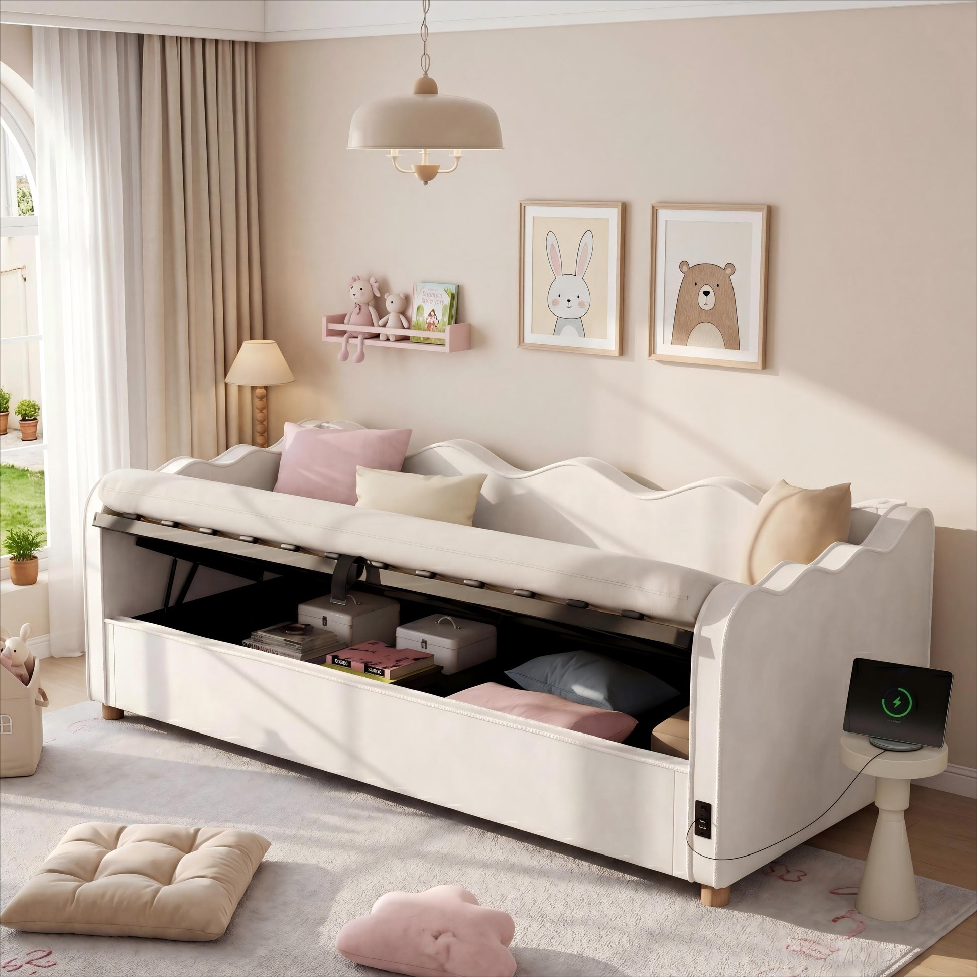 Daybett 90x200 cm mit hydraulischem Stauraum, Polsterbett, Tagesbett, Schlafsofa mit USB & Rückenlehne, samt, beige