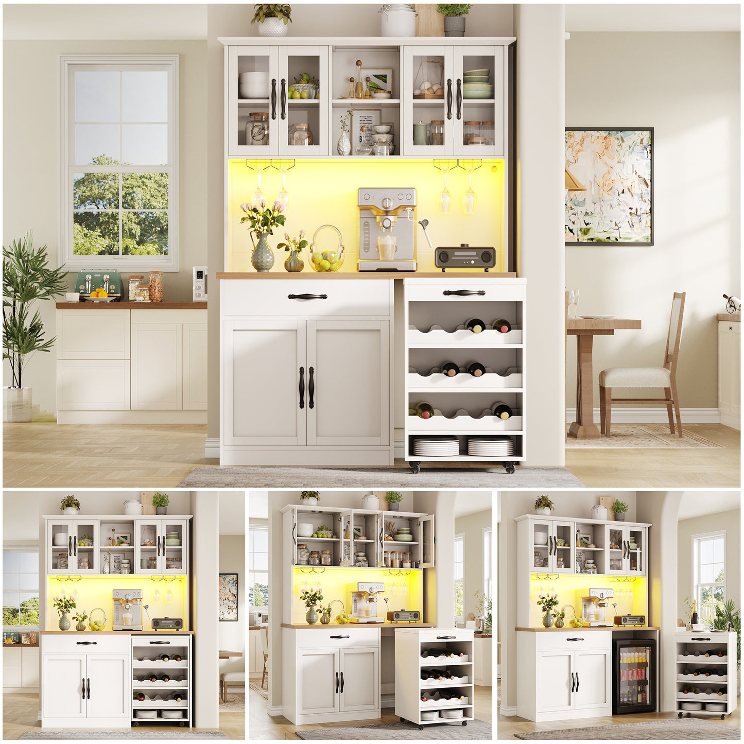 140cm Küchenschrank mit Rollwagen, Hochschrank mit LED-Beleuchtung, Pantryschrank mit Weinglasregal & Weinregal, Beleuchteter Sideboard Schrank für Wohnzimmer, Esszimmer