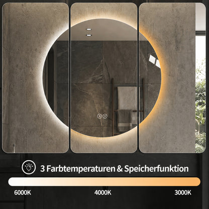 Runder LED Badezimmerspiegel 80 cm, Hinterleuchtet, Anti-Beschlag, 3 Lichtfarben, Stufenlos Dimmbar, Memoryfunktion, Touchschalter, 5 mm Kupferfreier HD-Silberspiegel