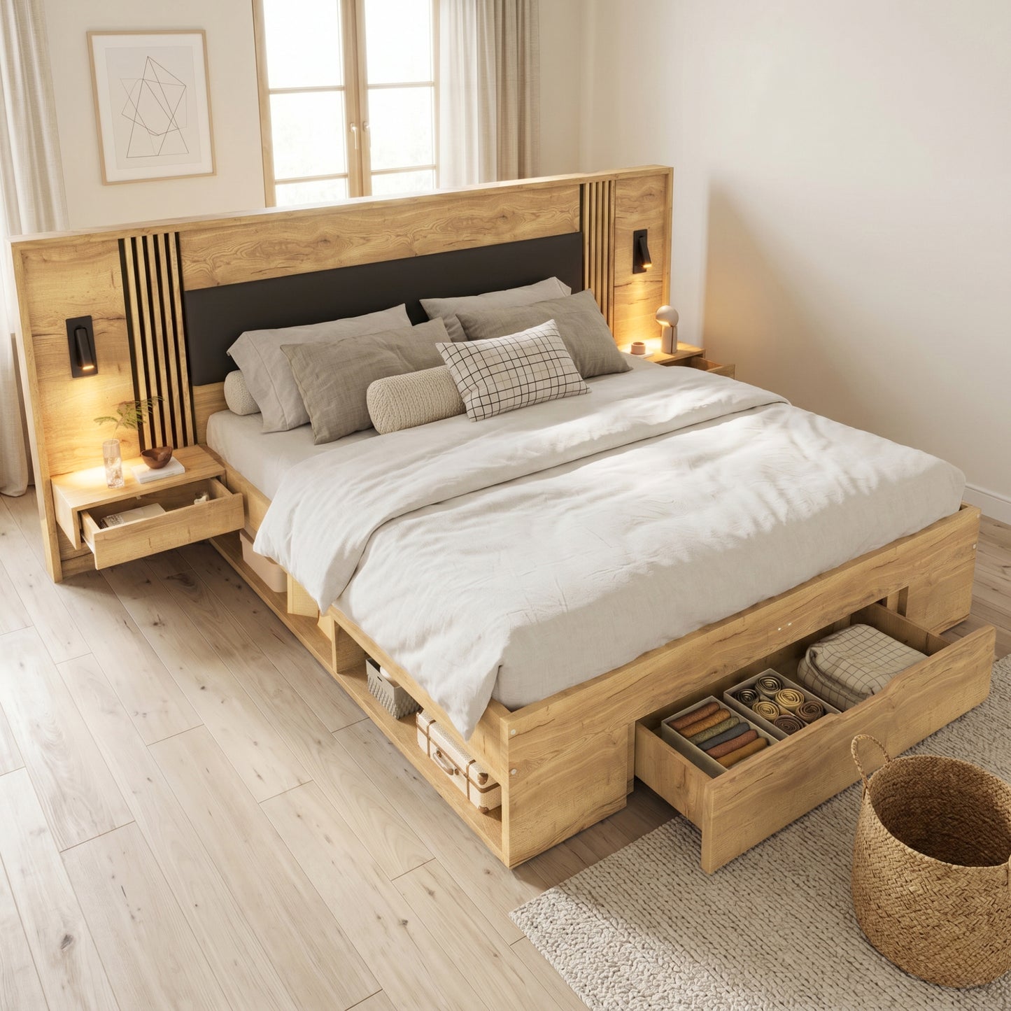 Doppelbett 180 200cm, Stauraumbett, holzbett, Jugendbett, mit Leselampe, mit 2 Nachttische, mit Schubladen,