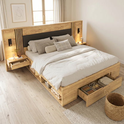 Doppelbett 180 200cm, Stauraumbett, holzbett, Jugendbett, mit Leselampe, mit 2 Nachttische, mit Schubladen,