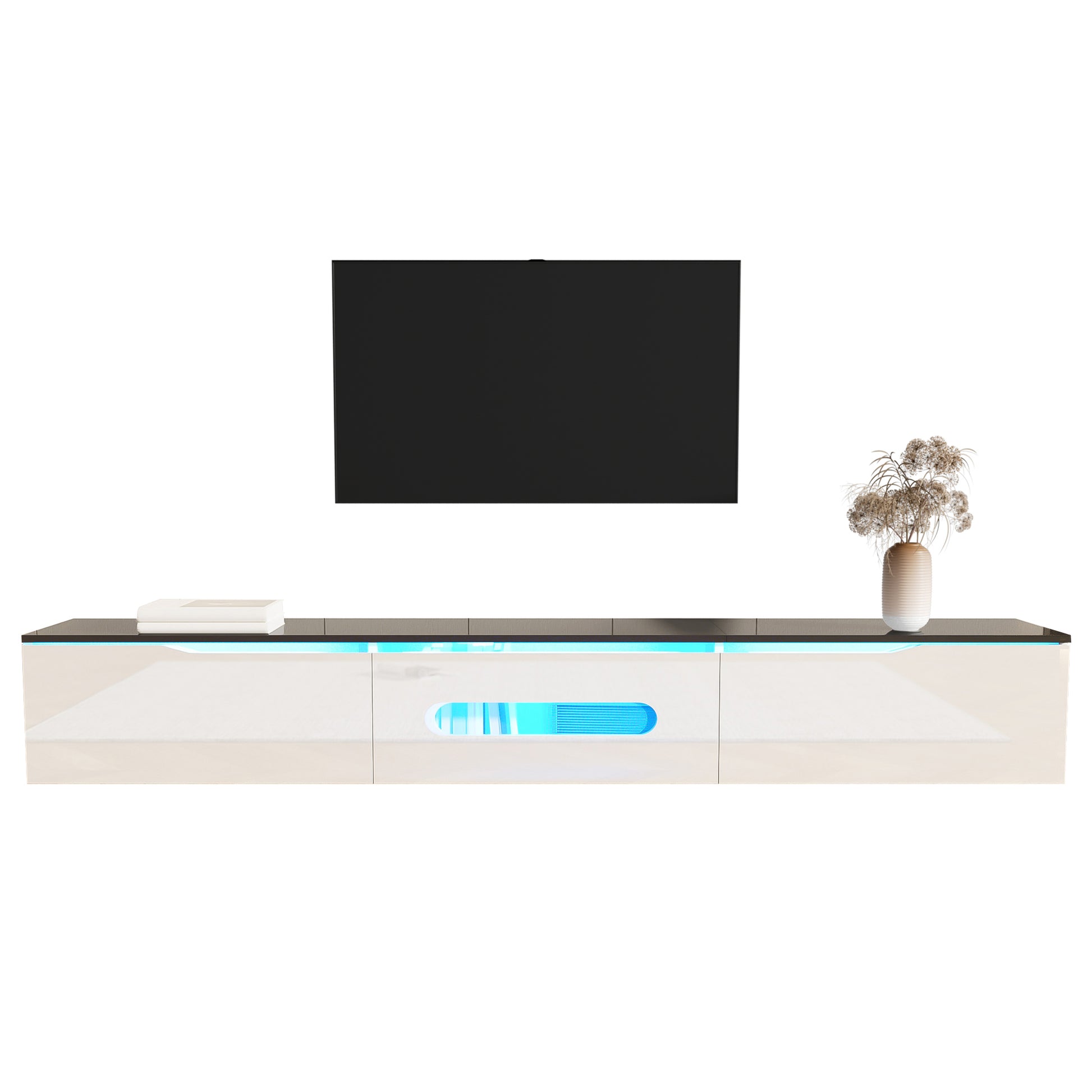 Gigab2b original image - Schwarz-weißer TV-Schrank, 180 cm lang, Hochglanzoberfläche, mit 16-farbiger LED-Beleuchtung, wandmontierbar