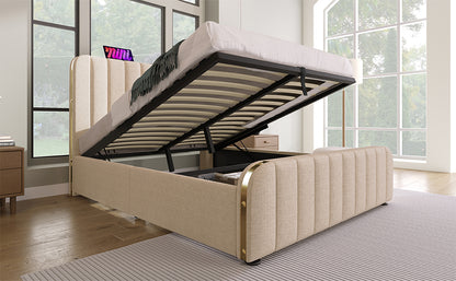 Polsterbett Doppeltes, gepolstertes Kopfteil mit goldenen Zierstreifen und ,USB Typ-C Ladefunktion 140*190 cm, Beige Leinen-Material Hydraulisches Lagerbett,Belastbarkeit 181 kg (Ohne Matratze)