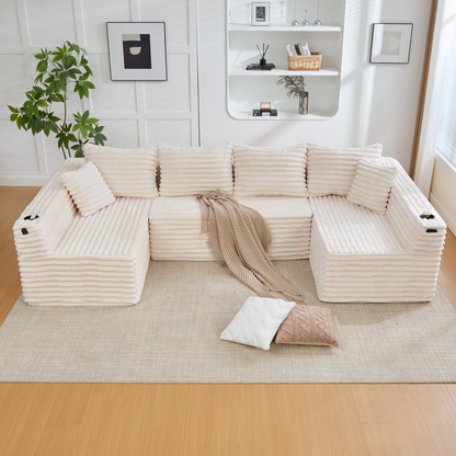 U-förmiges Cord-Sofa mit Getränkehaltern und Seitentaschen, Federkernpolsterung, 4 Rückenkissen und 2 Zierkissen. Ergonomisch geformt für angenehmes langes Sitzen – ideal für Wohnung und Wohnzimmer.