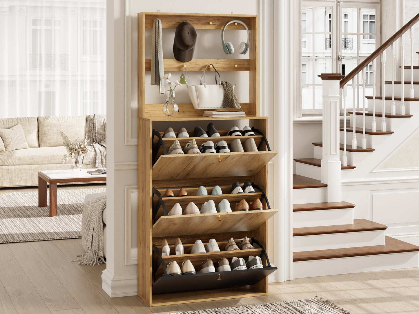Modern Foldable Shoe Cabinet with Hooks for Hallway Storage