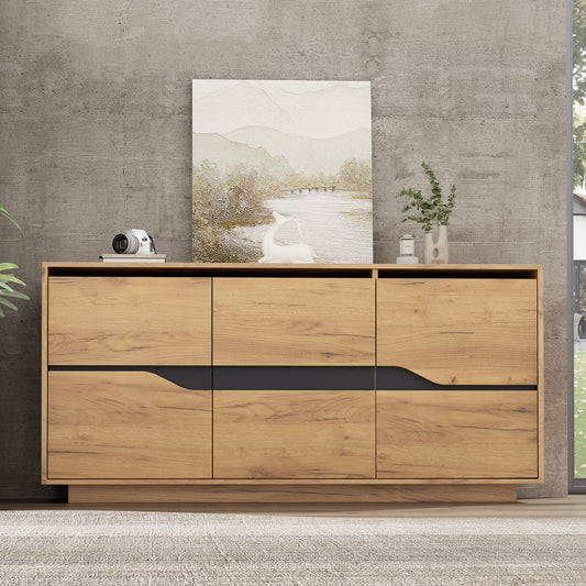 140*40*70cm Wohnzimmer Kommode,Sideboards Mit 3 Türen,Esszimmerschrank mit verstellbaren Trennwänden,breite grifflose Schließfächer,vielseitig einsetzbar Sofa-Beistellschrank,Holzfarbe + Schwarz