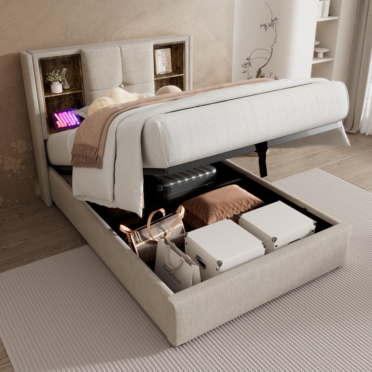 Gigab2b original image - Einzelbett  mit Kabellosem Laden USB C, Polsterbett Bettgestell 90x200cm,Bettgestell mit Stauraum Lattenrost aus Holz-Natürlich  Leinen (Ohne Matratze